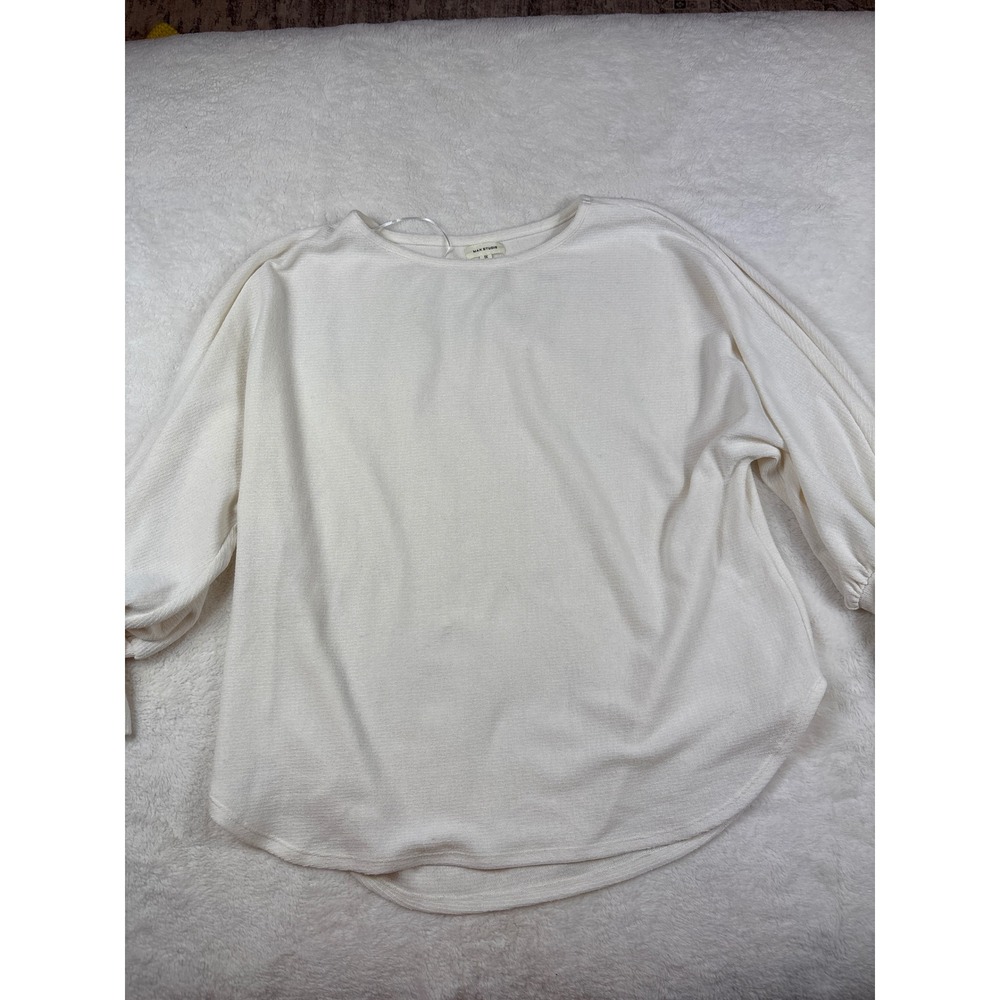 Max Studio Cream Textured Knit Puff Sleeve Top Plus Size 1X Ivory Crew Neck